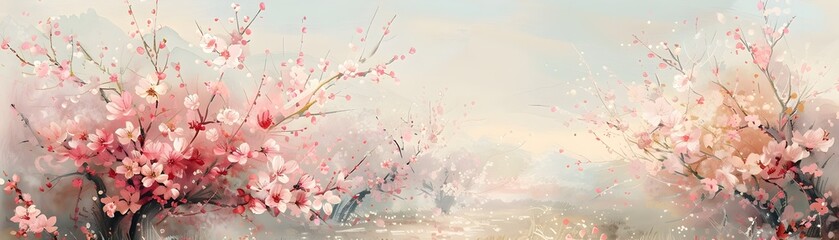 a captivating scene of an orchard in full spring bloom Delicate pastel-hued flowers adorn the branches
