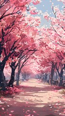 Enchanting Sakura-Lined Path in a Vibrant,Dreamy Spring Landscape with Petal-Blanketed Ground and Serene Atmosphere