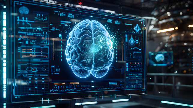 MRI brain scan displayed on a high-tech monitor, with annotations and digital markers highlighting the epilepsy characteristics.