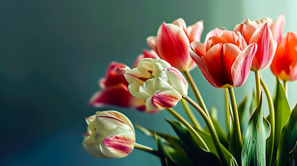 Tulips on a bright surface. Floral background with copy space for placing text.