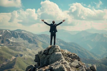 Businessman in a suit on top of a mountain celebrating his victory and success, conquers a challenging mountain peak, symbolizing determination, ambition - obrazy, fototapety, plakaty