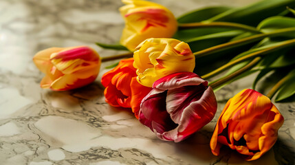 Tulips on a color background with copy space.