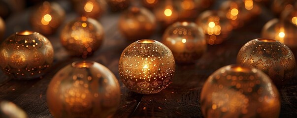 Capture the elegance of our ornamental balls glowing softly from an aerial view Show intricate details and play with light to create a captivating image that exudes luxury and sophistication