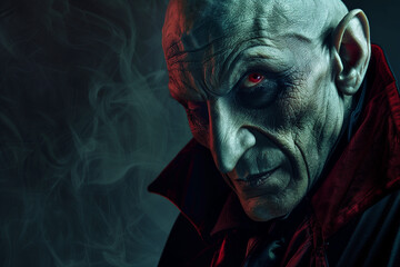 Dracula Nosferatu, copy space of a vampire with pale skin and red eyes with a confident and evil expression for Halloween night
