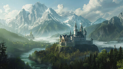 Fantasy castle landscape in mountains ..