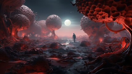 An otherworldly landscape with human-like figures.





