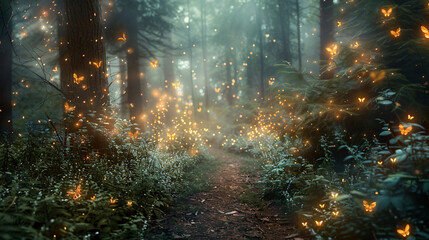 Obraz na płótnie Canvas Fantasy firefly lights in the magical forest ..