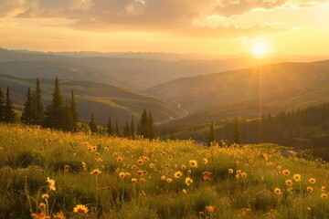 Beautiful view of a summer sunset from the summit of Vail Ski Mountain. - obrazy, fototapety, plakaty