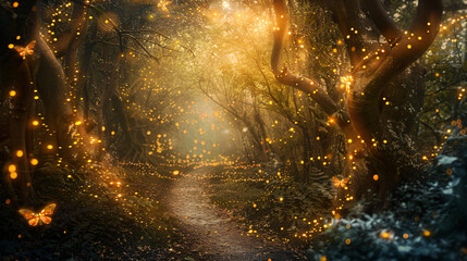 Fantasy firefly lights in the magical forest ..