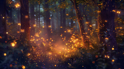 Fantasy firefly lights in the magical forest ..