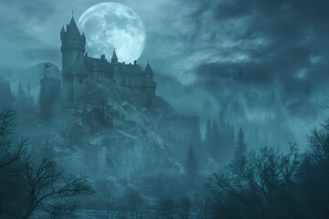 Dracula's castle, gothic misty landscape of an ancient vampire building on full moon on Halloween night