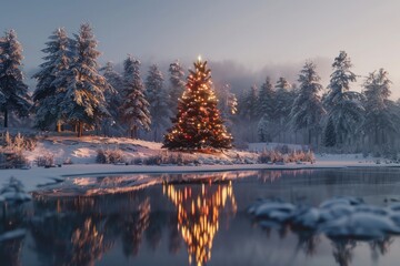  Christmas Tree magically reflects in the small frozen lake and is surrounded by snow covered pine trees.  - obrazy, fototapety, plakaty