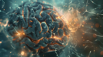 Illustration of a brain with TBI, where the injury's impact is depicted as cracks and fissures filled with light. 