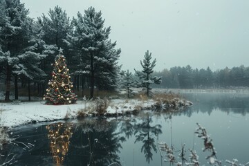 Christmas tree magically reflects in the small frozen lake and is surrounded by snow covered pine trees.  - obrazy, fototapety, plakaty