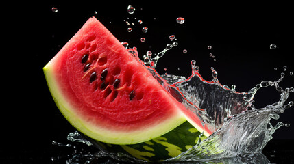 Flying watermelon slice with water splash Water splash