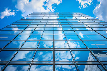 Fototapeta na wymiar Reflective skyscrapers, business office buildings. Low angle photography of glass curtain wall details of high-rise buildings.The window glass reflects the blue sky and white clouds. . High quality