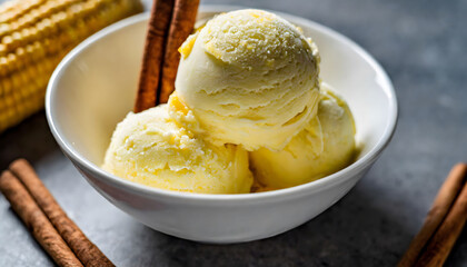 ice cream in a white bowl with cinnamon sticks and corn.	