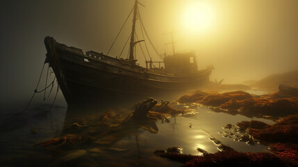 Foggy landscape and shipwreck ..   .