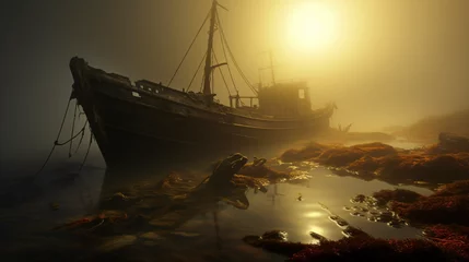 Zelfklevend Fotobehang Foggy landscape and shipwreck ..   . © Little