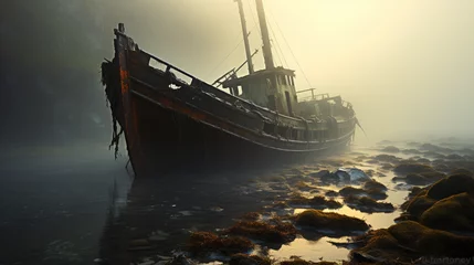 Foto auf Alu-Dibond Foggy landscape and shipwreck ..   . © Little