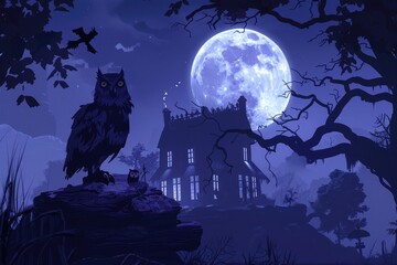 bird, moon, spooky, silhouette, season, scary, residential structure, owl, night, mystery, mysterious, moonlit scene, moonlit night, moonlit, midnight, black, mansion exterior, mansion, house, 