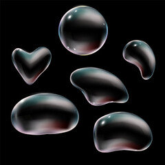 Glowing set soap bubbles on black background. Creative set realistic transparent liquid refraction iridescent bubble of different shapes