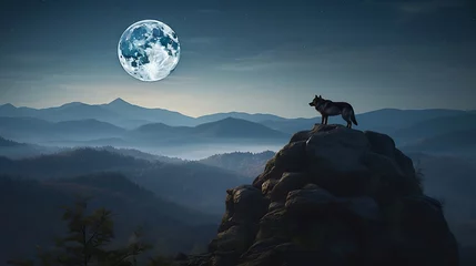 Fotobehang A hyper-realistic depiction of a lone wolf under the moonlight.  © Huzaifa