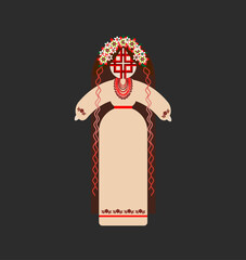 Motanka doll. Vector illustration for card, banner, and poster. Bright drawing with a traditional doll. Motanka doll wearing an embroidered costume