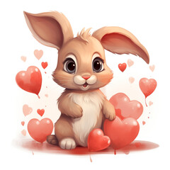 Cute baby rabbit with many heart shapes,oilpainting,clipart,hand drawing style сreated with Generative Ai