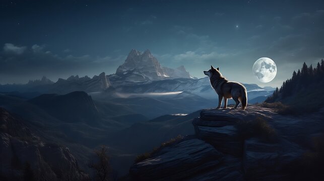 A hyper-realistic depiction of a lone wolf under the moonlight.
