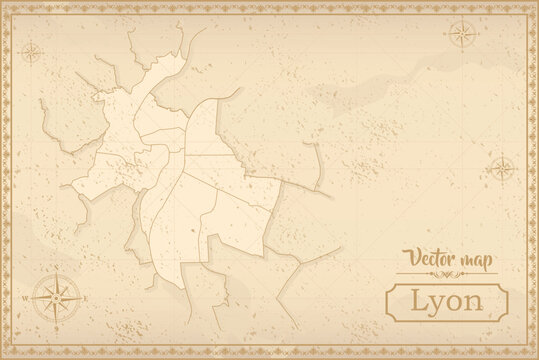 Map of Lyon in the old style, brown graphics in retro fantasy style. city in France.