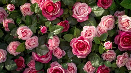 Bright colors of various heads and leaves of pink roses from top to bottom
