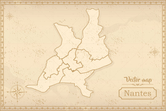 Map of Nantes in the old style, brown graphics in retro fantasy style. city in France.