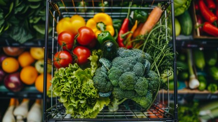 Fresh vegetables for health, a shopping cart filled with a variety of nutritious greens and colorful vegetables - obrazy, fototapety, plakaty