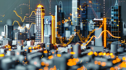 Business skyline with financial growth charts, symbolizing economic success and market analysis against the backdrop of a bustling city