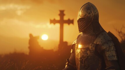 The Holy Grail veiled by the shadows of the Templar cross at sunset