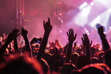 Fototapeta na wymiar Back view of crowd of people at music concert in club