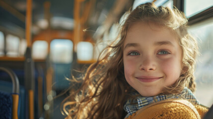Smiling elementary student girl in school bus