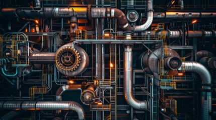 Gas and oil processing plant showing a network of pipelines and equipment