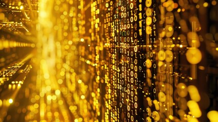 Consider the concept of data encryption and security in a gold-themed artwork inspired by coding software.
