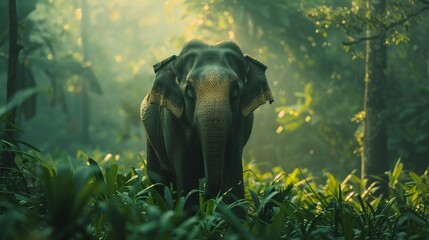 Sumatran elephant in dense jungle soft morning light lowangle shot vibrant green foliage background