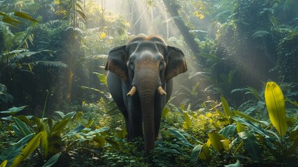 Sumatran elephant in dense jungle soft morning light lowangle shot vibrant green foliage background - obrazy, fototapety, plakaty