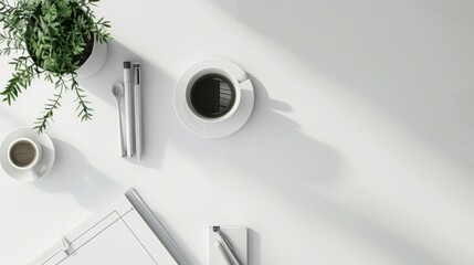 Beauty of minimalism with a close-up shot of a white table with a potted plant, coffee cup and stationery arranged