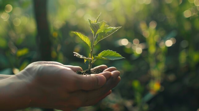 The delicate touch of a hand on a fragile sapling futuristic