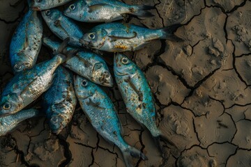 Group of fresh-caught fish on dry cracked earth, symbolizing environmental issues and wildlife scarcity