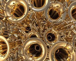 Intricate patterns of brass instruments in a marching band formation