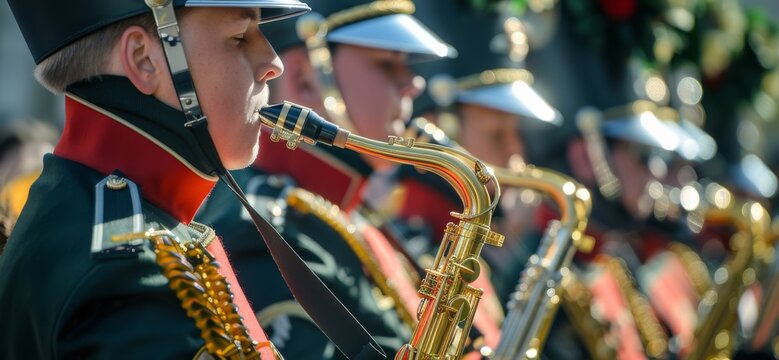 Showcase the dynamic contrast between saxophones and brass instruments in a marching band