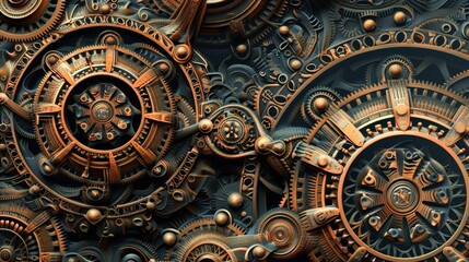 Intricate patterns of gears and cogs interlocking in a futuristic design