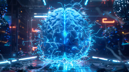 A brain with Cerebrovascular Accident, interpreted through 3D MRI data, with stroke-affected regions glowing in blue neon. 