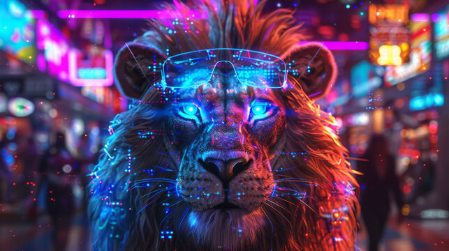 Digital art of a lion with virtual reality glasses in a neon-lit environment.